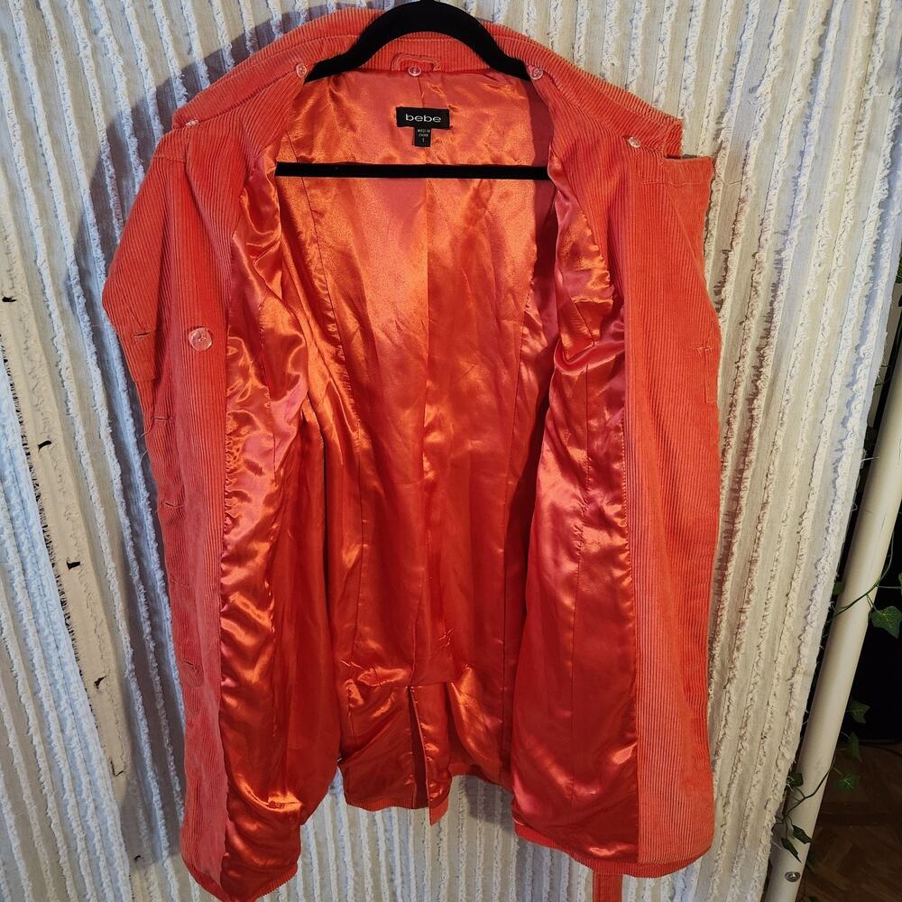 Bebe Sz Small Orange Cotton Blend Corduroy Button Up Trench Coat Spring Jacket - Picture 3 of 8